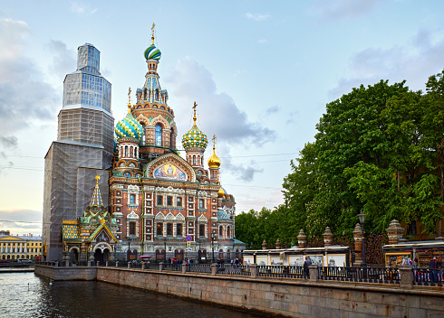 Church of the Savior on Spilled Blood in St. Petersburg and Griboedov canal, Russia. Part of the structure is being repaired