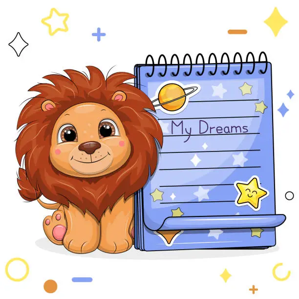 Vector illustration of A cute cartoon lion and a blue notebook with stickers.