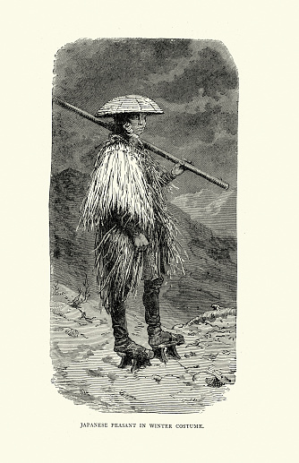 Vintage illustration Japanese peasant in winter costume, Kasa hat, Geta footwear, Straw cloak, Victorian Japan History Fashion 19th Century.  A European Sojourn in Japan, M. Aime Humbert, Swiss minister in Japan