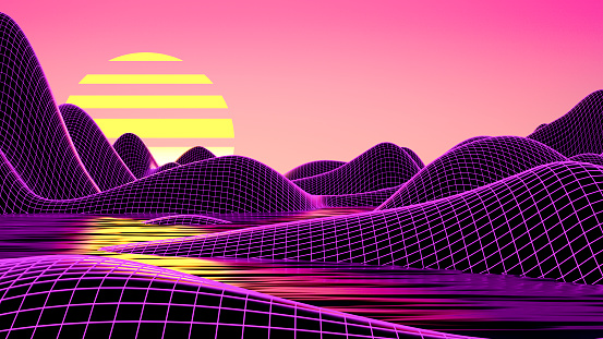 Futuristic Metaverse Landscape.Neon Lighting. 3d render.