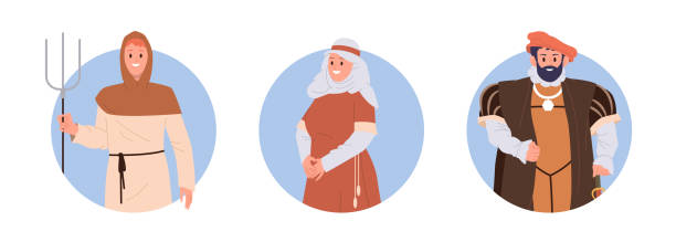 ilustrações de stock, clip art, desenhos animados e ícones de isolated round composition set with medieval people cartoon character wearing traditional costume - feudalism