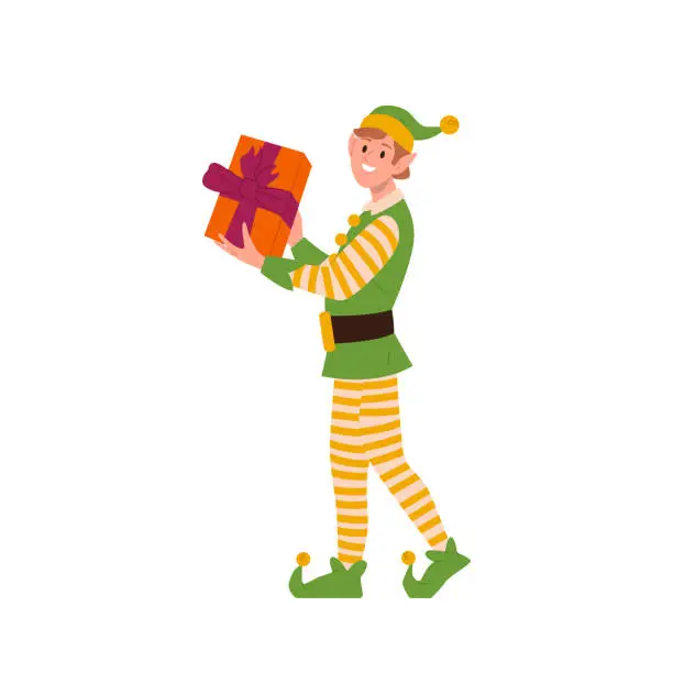 Vector illustration of Happy smiling boy elf cartoon character wearing green striped costume carrying Christmas gift box