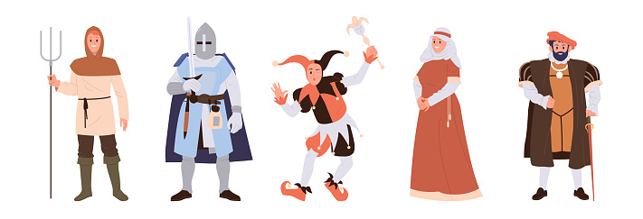 Medieval historical people cartoon characters wearing national clothes regarding their social status isolated set. Farmer, knight warrior, nun, feudal lord, jester ancient heroes vector illustration