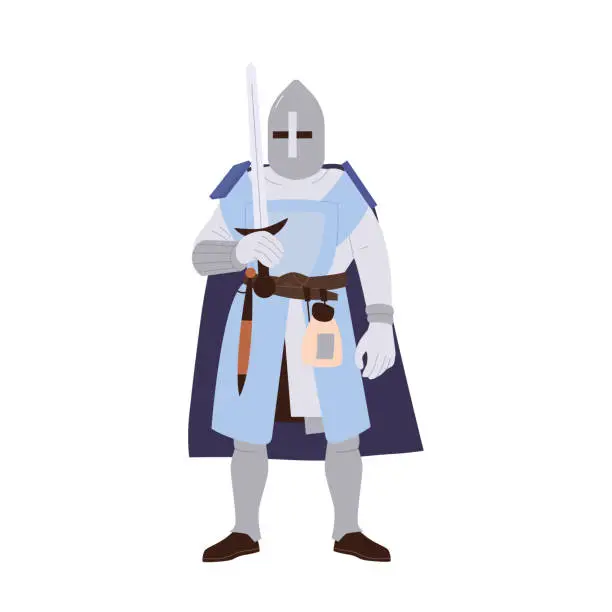 Vector illustration of Armored knight warrior cartoon character wearing harness and helmet holding sword isolated on white