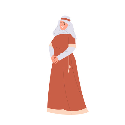 Happy smiling ascetic woman nun medieval cartoon character wearing gown costume isolated white background. Religious catholic people vector illustration. Middle ages christianity and clergy concept