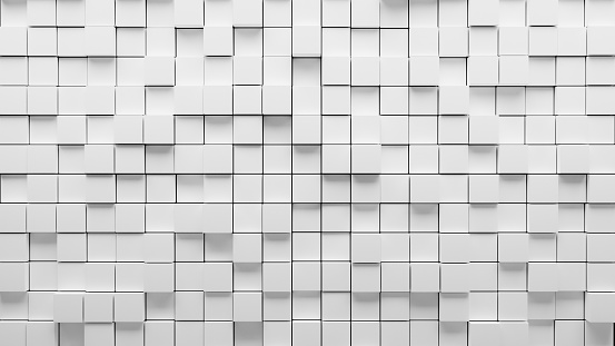 White blank abstract background with cubic and block shapes pattern, white empty space with block forms wall, white place for design and backgrounds, 3d seamless white block pattern structure.