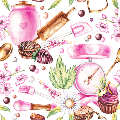 Watercolor seamless pattern with desserts, baking tools, flowers. Pattern on white for textile design, packaging, cards, invitations, menus and restaurants
