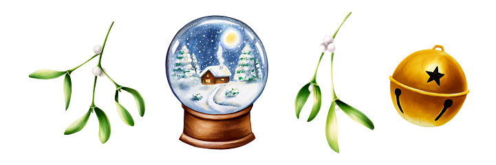 Watercolor christmas set of green mistletoes, glass snowball globe on wooden stand, and golden bell. New year botanical illustration of kissing symbol isolated on white background. For designers, decoration, shop, for postcards, wrapping paper,