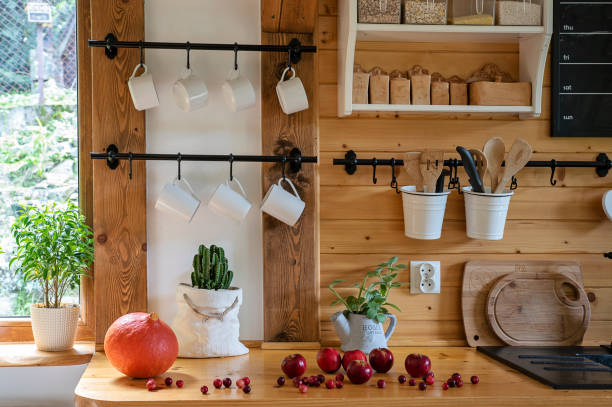 istock Kitchen in a cottage with window. Nature and wood in interior and home decor. 1815257067
