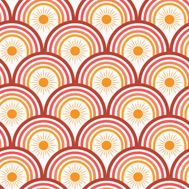 Vector illustration of Abstract art deco rainbows in red, orange and yellow seamless pattern with abstract sun.