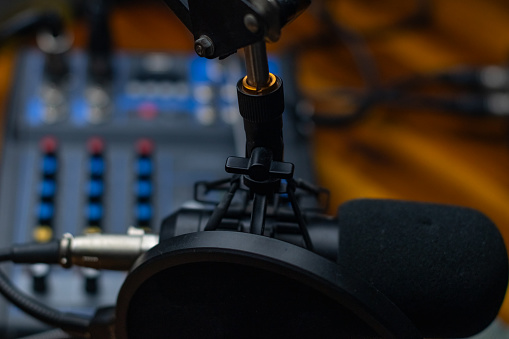 Podcast mic and equipment copy space