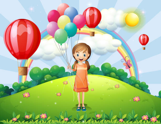 風船を抱える少女 - computer graphic multi colored single flower cloud点のイラスト素材／クリップアート素材／マンガ素材／アイコン素材