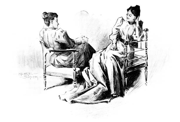 Women Visit Two women sit in chairs facing each other and talk. Engraving published 1895. The original edition is in my archives. Copyright has expired and is in Public Domain. easy black and white drawing stock illustrations