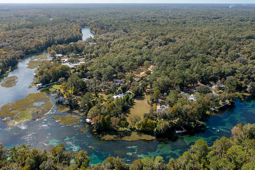 Aerial view of Rainbow River in Dunnellon, Florida.