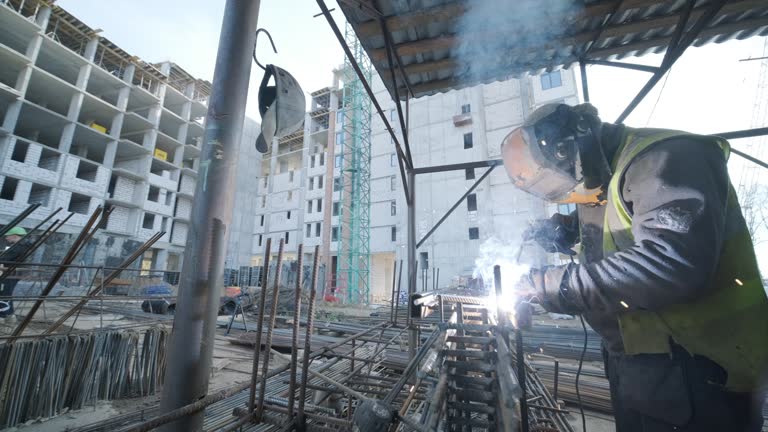 Construction worker welding metal rebar for the pouring of monolithic structure