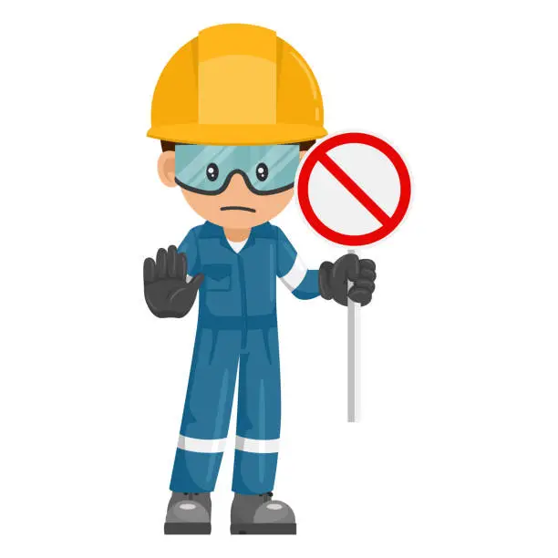 Vector illustration of Industrial mechanic worker with prohibited sign making a stop sign. Engineer with his personal protective equipment. Safety first. Industrial safety and occupational health at work