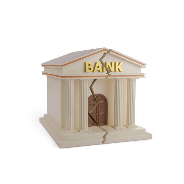 istock Bank building breaking down isolated on white background. 3d illustration. 1815372676
