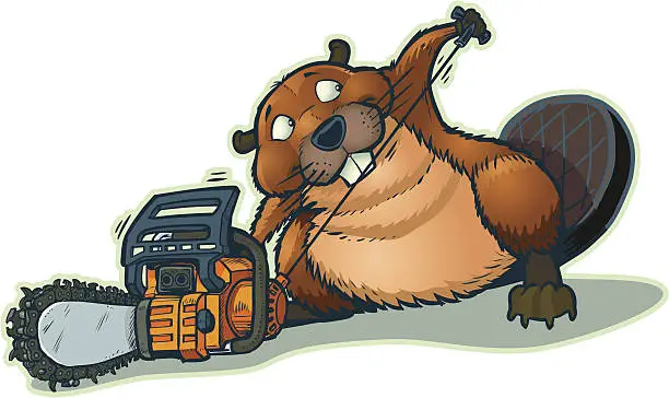 Vector illustration of Cute Beaver Strarting Chainsaw Vector Cartoon