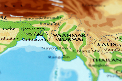 world map of asia countries, myanmar or burma, bangladesh in close up