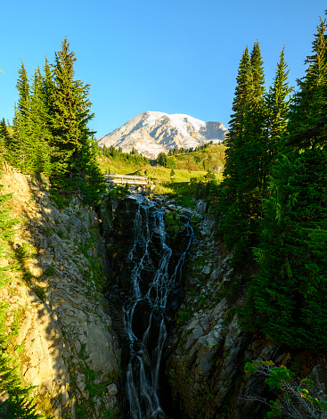 Landscape photograph of Myrtle Falls with Mount Rainier in the background.