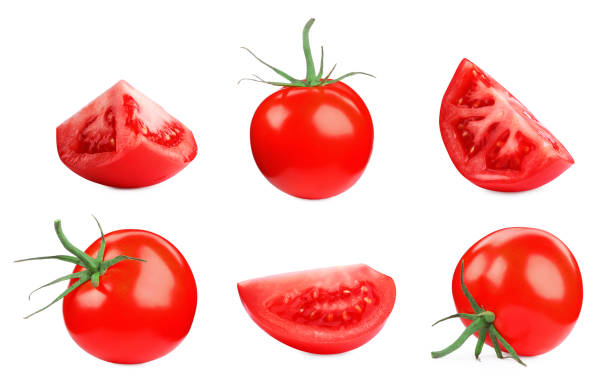 istock Whole and cut ripe tomatoes isolated on white, set 1815411838