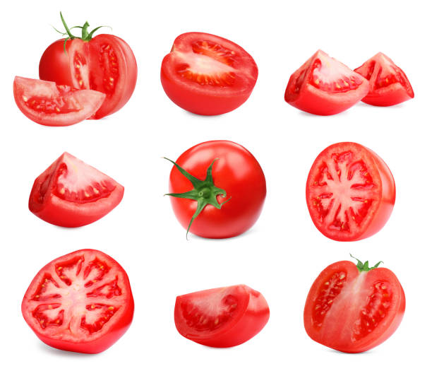istock Whole and cut ripe tomatoes isolated on white, set 1815411841