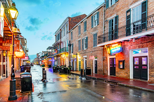 New Orleans, USA - October 25, 2023: cleaning the Bourbon street in early morning after a party night in New Orleans.