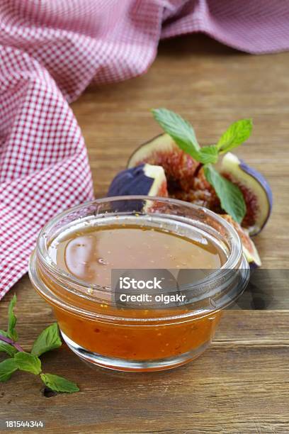 Fig Jam With Fresh Berries On The Wooden Table Stock Photo - Download Image Now - Breakfast, Canning, Cooking
