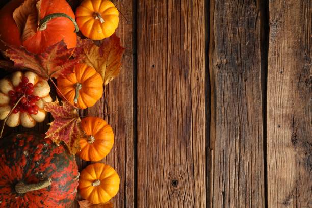 istock Dry autumn leaves and pumpkins on wooden table, flat lay. Space for text 1815447300