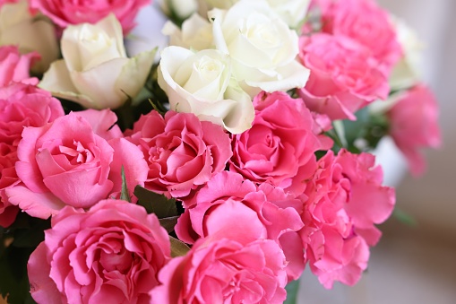 Beautiful bouquet of roses on blurred background, closeup