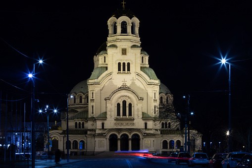 Patriarchal Cathedral of St. Alexander Nevski in Sofia, Bulgaria at night