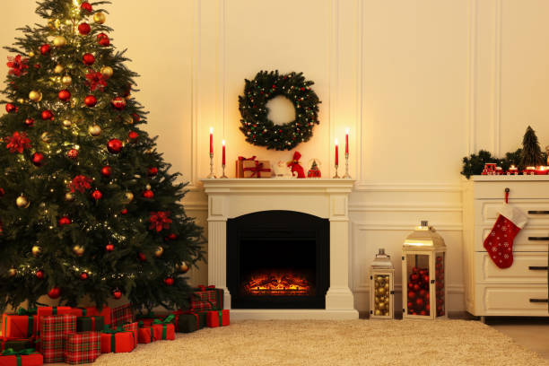 istock Cozy living room with Christmas tree near fireplace. Interior design 1815453144