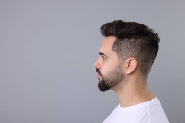 istock Man with healthy hair on light grey background, space for text 1815473296