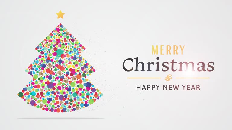 Colourful pixelated Christmas tree animation with Christmas wishes on light gray background