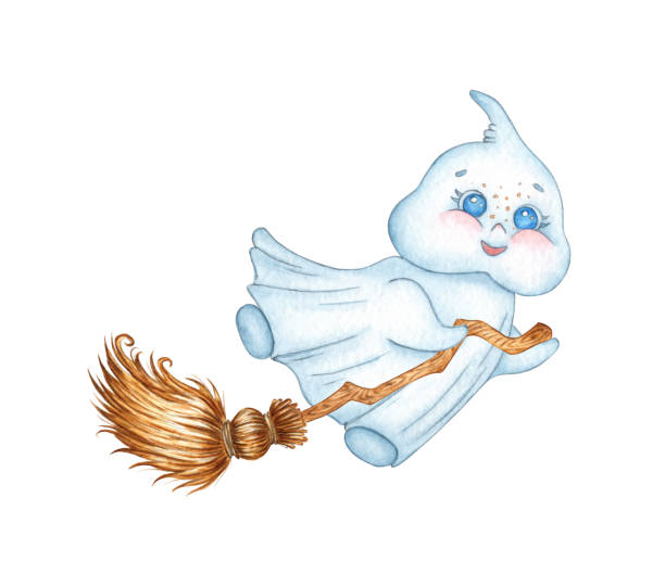 ilustrações de stock, clip art, desenhos animados e ícones de ghost flying on a broom watercolor - witch voodoo smiling bizarre