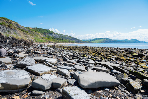 Famous Lyme Regis beach, world heritage site in Dorset, South West England. View of stones and liffs and blue sea. The beach is full of fossils. Selective focus