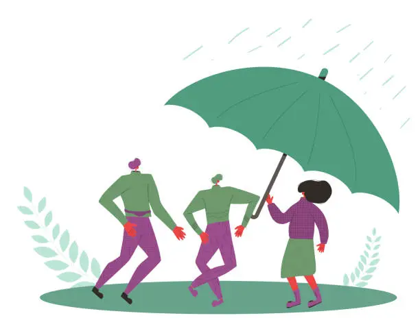 Vector illustration of Two friends wearing in casual clothes standing together under an umbrella. Two persons protection from rain. Vector flat illustration.