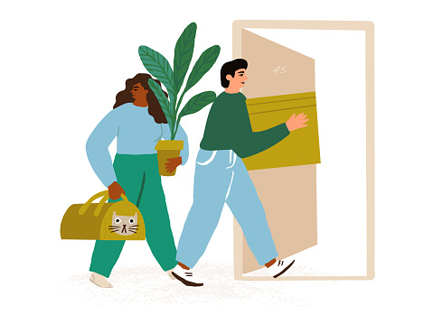 Couple moving in another apartment, city, country. Family with a pet moving abroad, nomad workers relocating. Vector flat characters illustration.