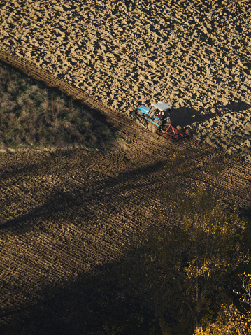 crawled tractor plow arid dry soil on the hill of Arda Valley, Italy, to seed wheat during autumn season in november