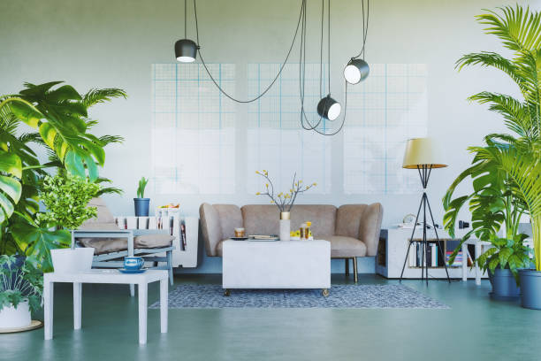 Modern living room interior with lots of lush plants. 3D generated image. Wall images are my own renders.
