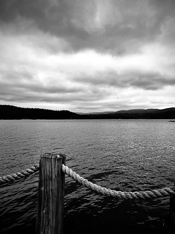 Black and white view looking across lake Coeur d’Alene