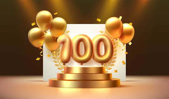 Anniversary of Birthday, number 100 on the podium with golden balloons. Vector