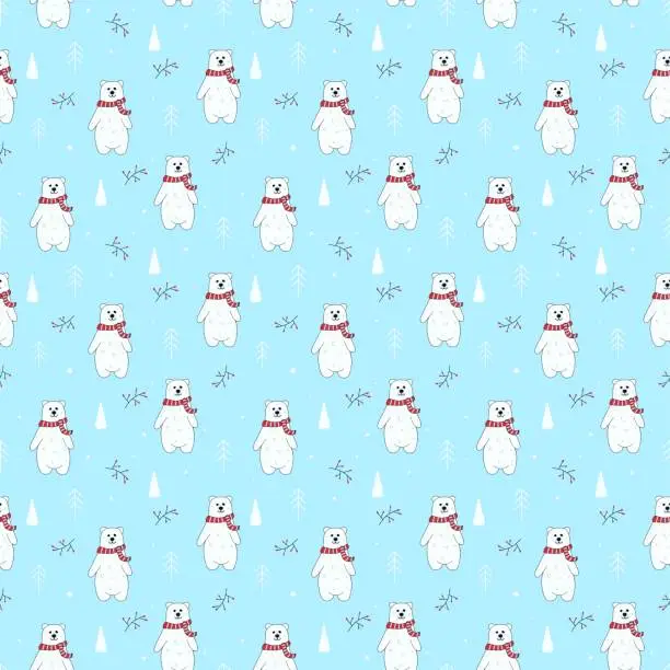 Vector illustration of Seamless cute pattern with polar bear, white trees and berries on blue background, winter pattern. For packaging, prints for textiles, packaging, background. Vector.