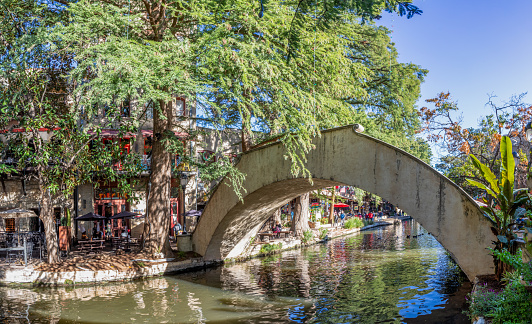 San Antonio, USA - October 31, 2023:  The San Antonio River Walk. City park and pedestrian street in San Antonio, Texas. USA