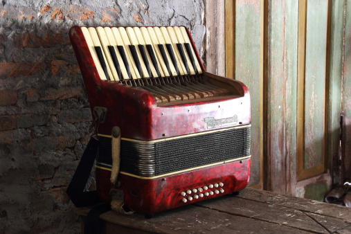 Small accordion on the table is a self contained music maker