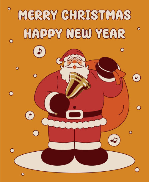 illustrazioni stock, clip art, cartoni animati e icone di tendenza di babbo natale che porta un sacchetto regalo di natale e suona una campanella tintinnante ti augura un buon natale e un felice anno nuovo - bell jingle christmas music