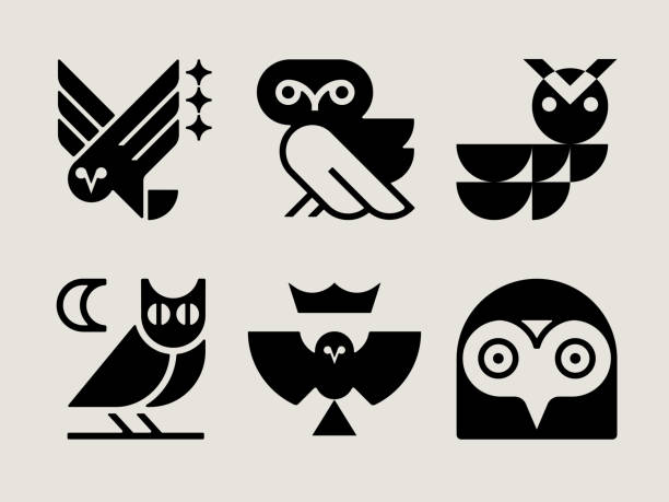 ilustrações de stock, clip art, desenhos animados e ícones de mid-century modern owl icons - night perching owl
