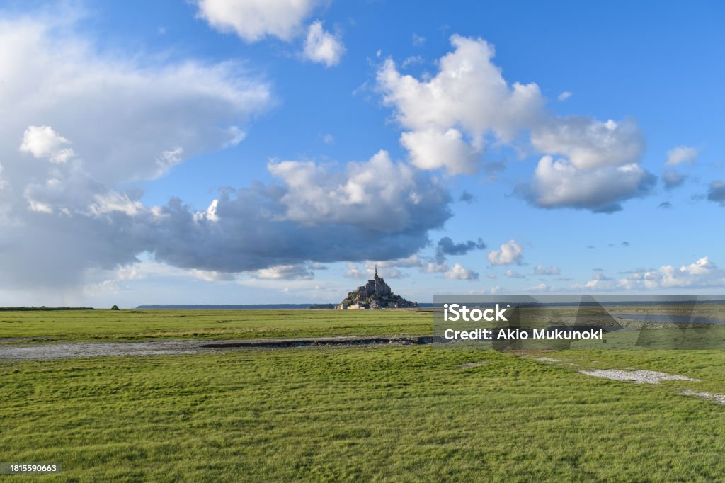 Meadows and distant view of Mont Saint Michel The land surrounding Mont Saint-Michel is covered in meadows, creating a magnificent and beautiful landscape. Blue Stock Photo