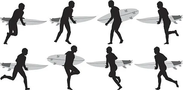 Vector illustration of Multiple silhouettes of surfers with surfboard