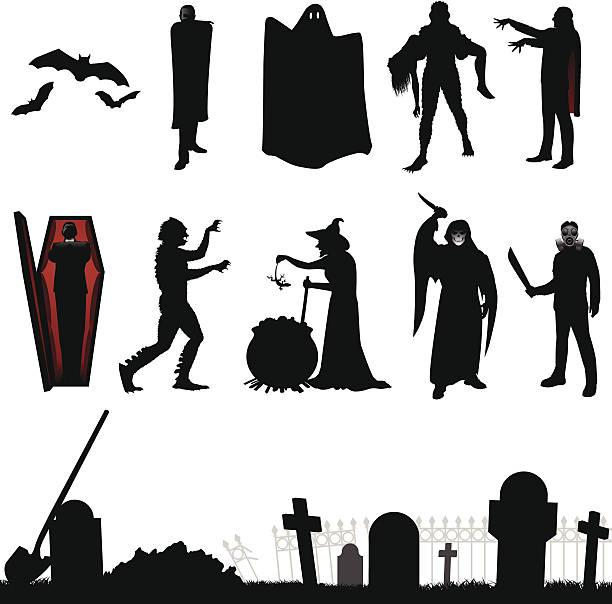 Halloween Silhouette A graveyard, vampires, monsters and more. Files included – jpg, ai (version 8 and CS3), svg, and eps (version 8) count dracula stock illustrations
